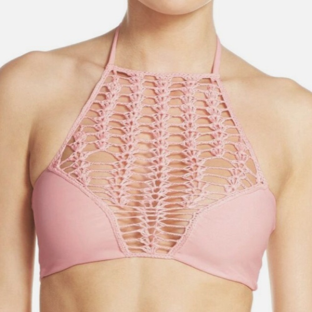 Acacia high neck halter crochet bikini top baby pink